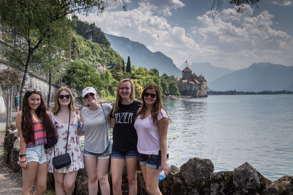 Amelia, Lindsey, Sarah, Fiona, and Madeline in front of Chateaux Chillon
